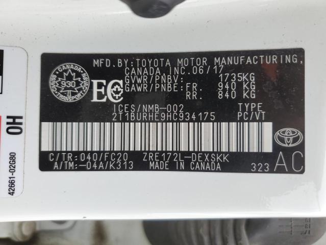 2T1BURHE9HC934175 - 2017 TOYOTA COROLLA L WHITE photo 12