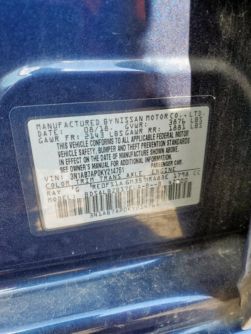 3N1AB7AP0KY214761 - 2019 NISSAN SENTRA S ლურჯი ფოტო 13