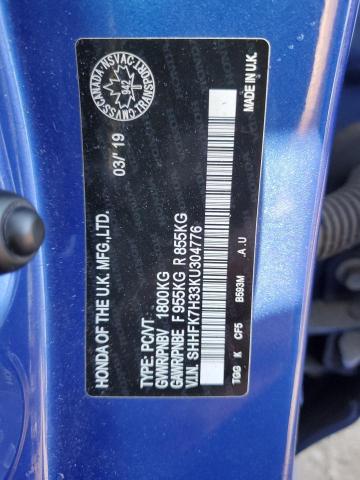 SHHFK7H33KU304776 - 2019 HONDA CIVIC LX BLUE photo 12