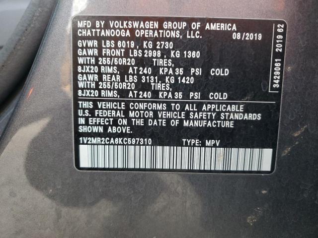 1V2MR2CA6KC597310 - 2019 VOLKSWAGEN ATLAS SEL Արծաթագույն լուսանկար 13