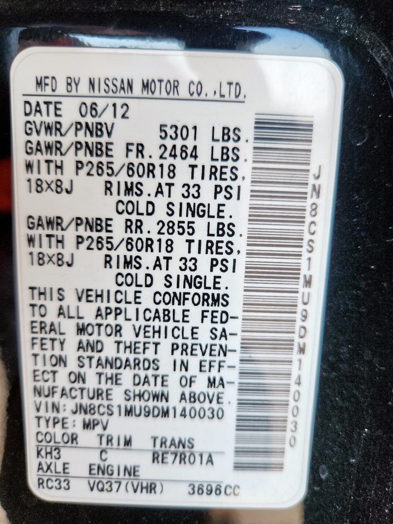 JN8CS1MU9DM140030 - 2013 INFINITI FX37 BLACK photo 14