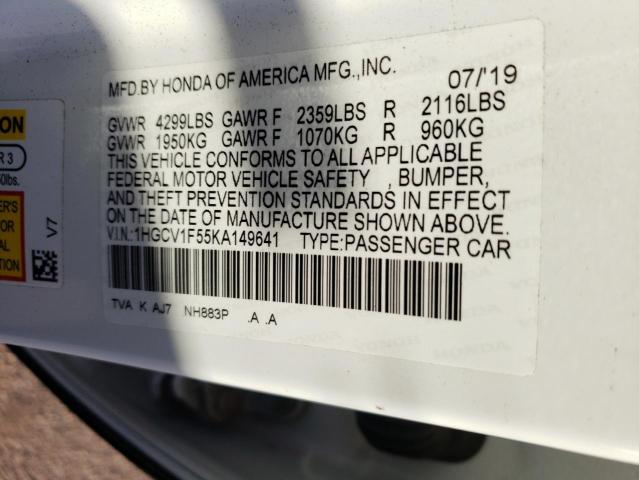 1HGCV1F55KA149641 - 2019 HONDA ACCORD EXL WHITE photo 13