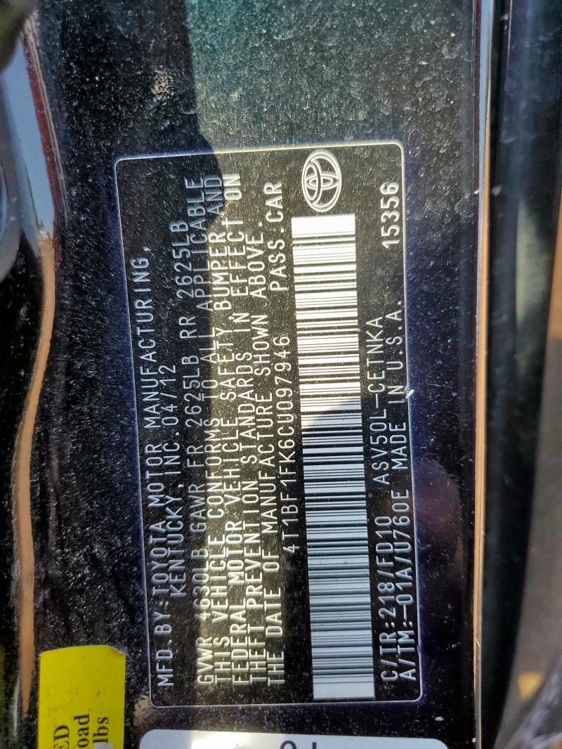 4T1BF1FK6CU097946 - 2012 TOYOTA CAMRY BASE BLACK photo 12