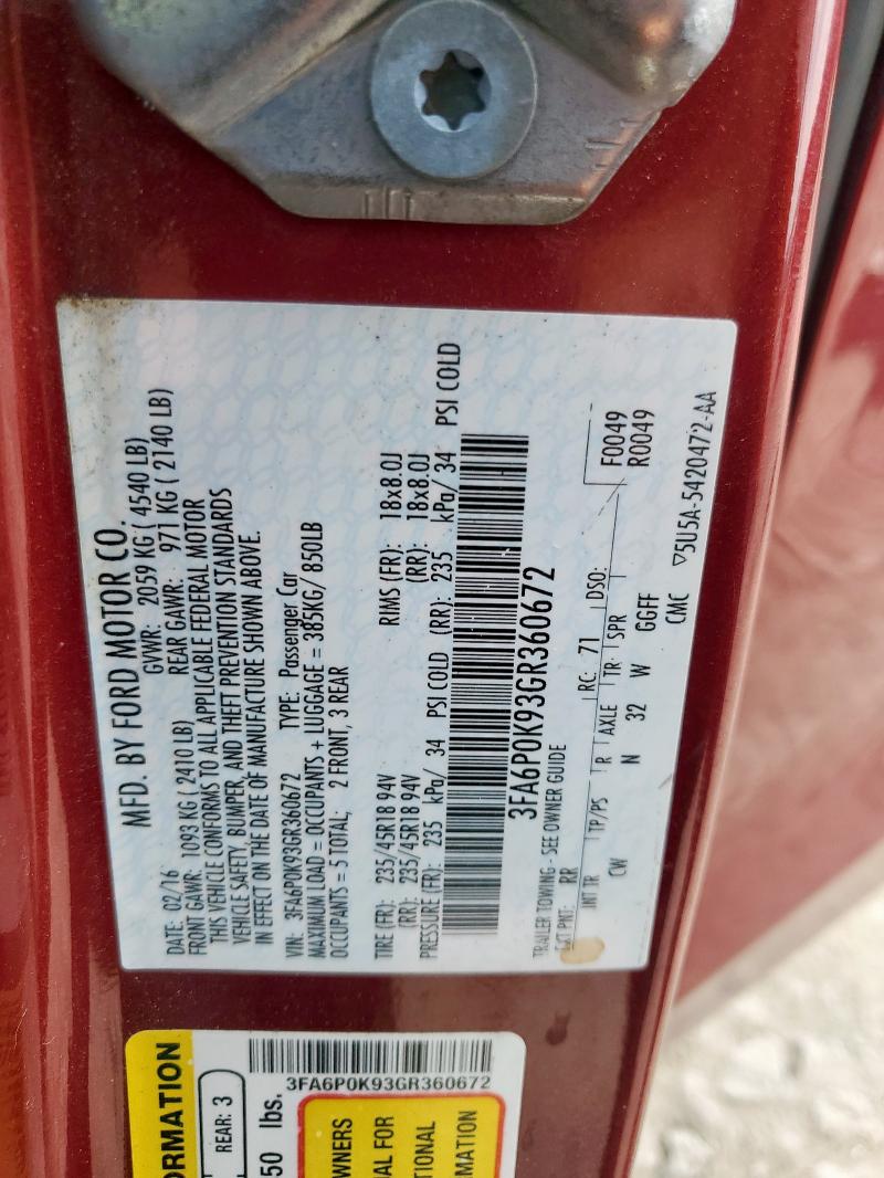 3FA6P0K93GR360672 - 2016 FORD FUSION TITANIUM წითელი ფოტო 12