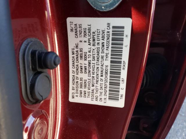 2HGFB2F52CH580016 - 2012 HONDA CIVIC LX MAROON photo 12