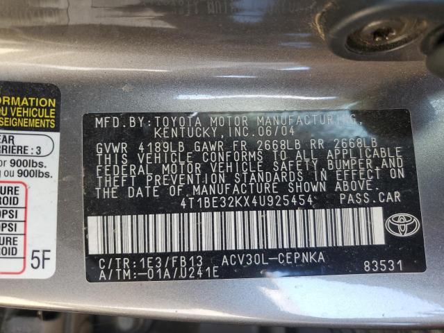 4T1BE32KX4U925454 - 2004 TOYOTA CAMRY LE Qəhvəyi foto 12