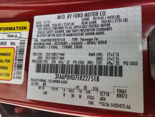 3FA6P0HD7ER227518 - 2014 FORD FUSION SE RED photo 12