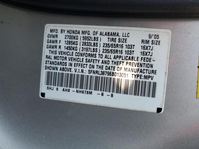 5FNRL38796B013051 - 2006 HONDA ODYSSEY EXL SILVER photo 13