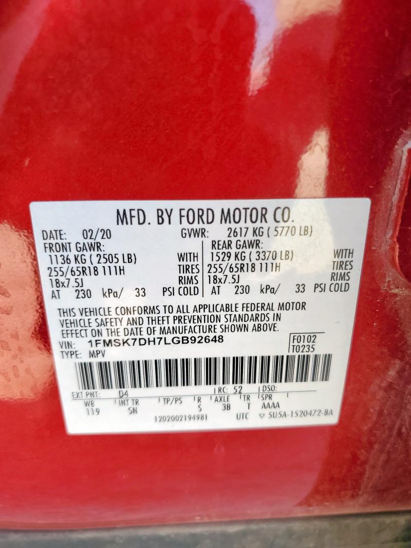 1FMSK7DH7LGB92648 - 2020 FORD EXPLORER XLT 红色 照片 14