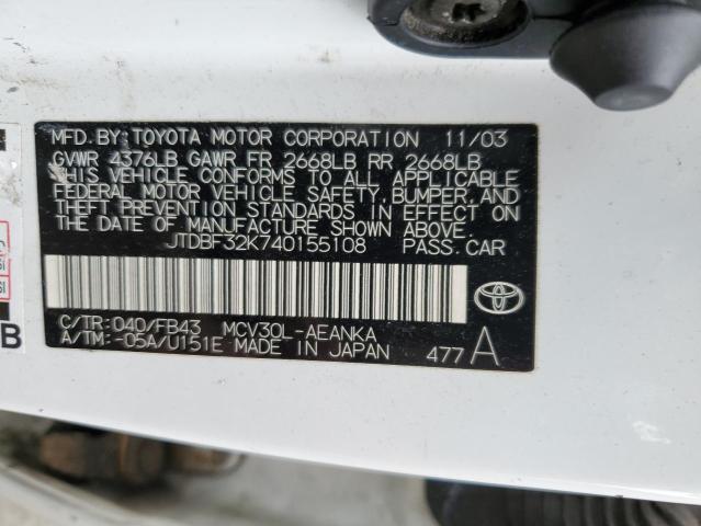 JTDBF32K740155108 - 2004 TOYOTA CAMRY LE WHITE photo 12