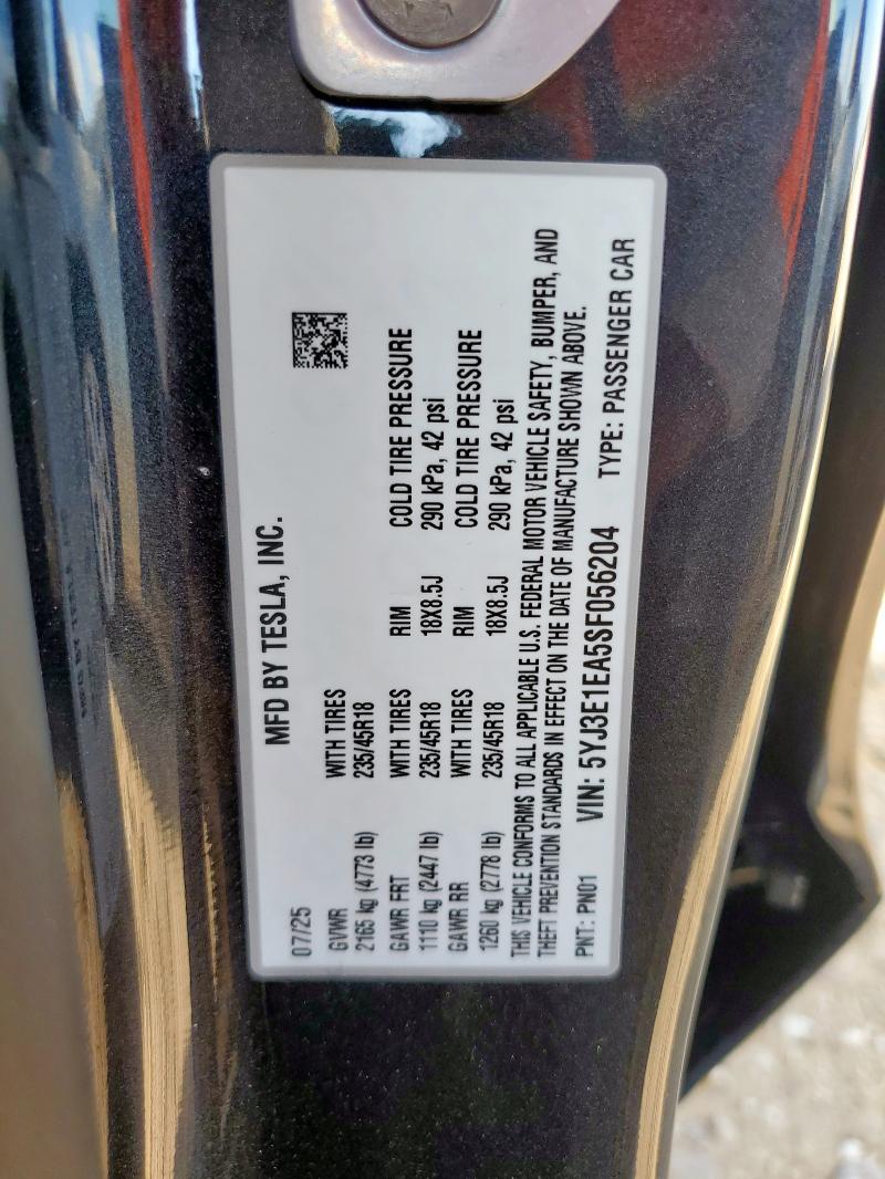 5YJ3E1EA5SF056204 - 2025 TESLA MODEL 3 CHARCOAL photo 12