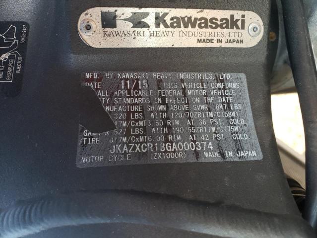 JKAZXCR18GA000374 - 2016 KAWASAKI ZX1000 R BLACK photo 10