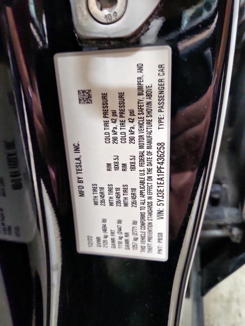 5YJ3E1EA1PF436258 - 2023 TESLA MODEL 3 BLACK photo 12