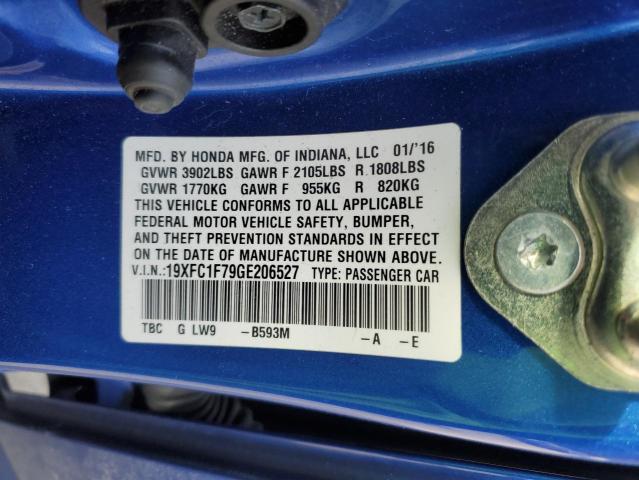 19XFC1F79GE206527 - 2016 HONDA CIVIC EXL ლურჯი ფოტო 12