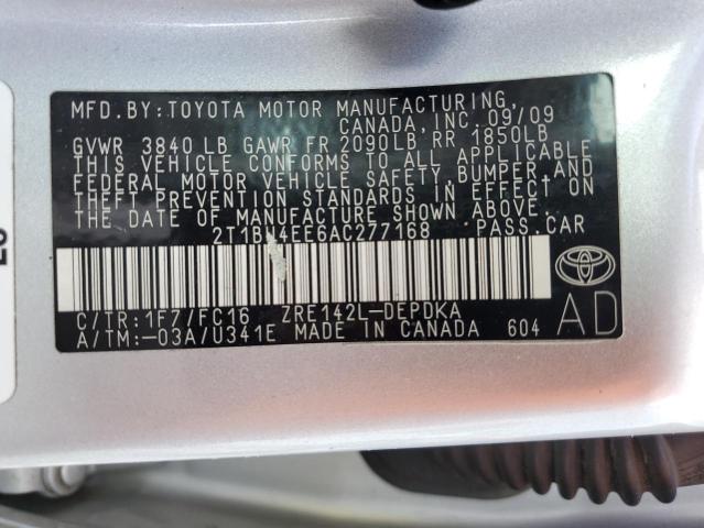 2T1BU4EE6AC277168 - 2010 TOYOTA COROLLA BASE 银色 照片 12