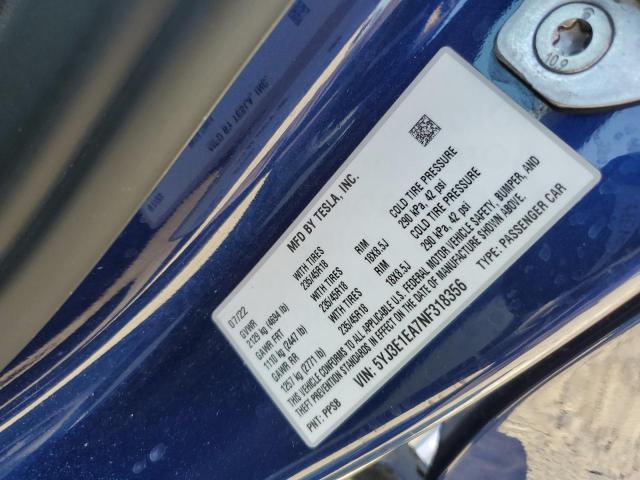 5YJ3E1EA7NF318356 - 2022 TESLA MODEL 3 ლურჯი ფოტო 12