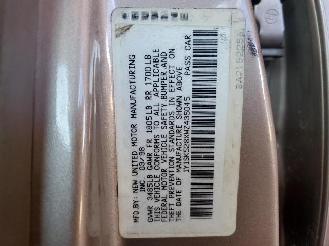 1Y1SK528XWZ435045 - 1998 CHEVROLET GEO PRIZM BASE BEIGE photo 12