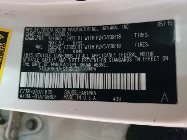 5TDJKRFH7FS166862 - 2015 TOYOTA HIGHLANDER XLE WHITE photo 13