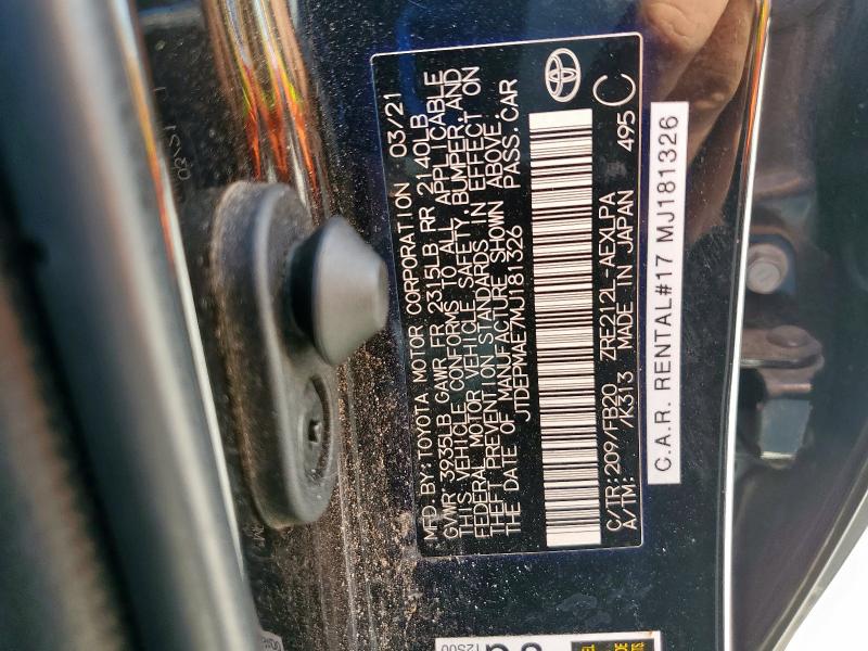 JTDEPMAE7MJ181326 - 2021 TOYOTA COROLLA LE შავი ფოტო 12