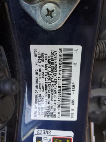 1HGFA16849L011123 - 2009 HONDA CIVIC EX BLUE photo 12