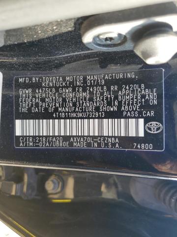 4T1B11HK9KU732913 - 2019 TOYOTA CAMRY L შავი ფოტო 12