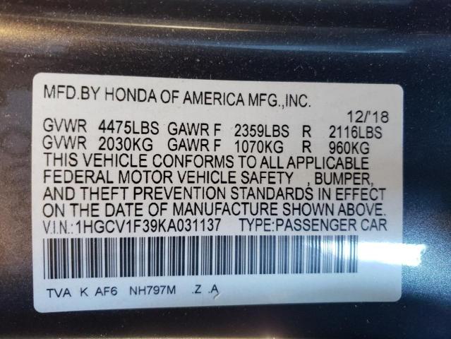 1HGCV1F39KA031137 - 2019 HONDA ACCORD SPORT CHARCOAL photo 12