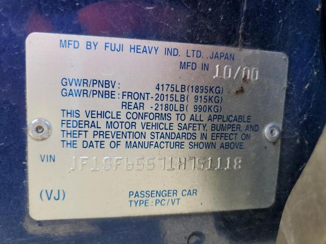 JF1SF65571H751118 - 2001 SUBARU FORESTER S BLUE photo 13