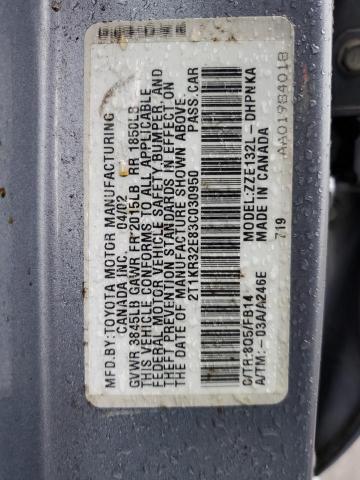 2T1KR32E83C030950 - 2003 TOYOTA COROLLA MA XR BLUE photo 12