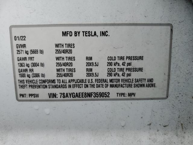 7SAYGAEE8NF359052 - 2022 TESLA MODEL Y WHITE photo 14