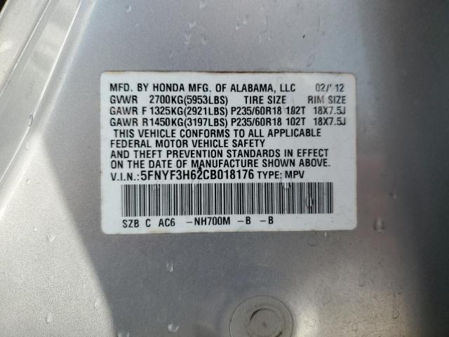 5FNYF3H62CB018176 - 2012 HONDA PILOT EXL ვერცხლისფერი ფოტო 13