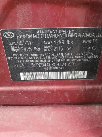 5NPEB4AC8CH324658 - 2012 HYUNDAI SONATA GLS RED photo 12