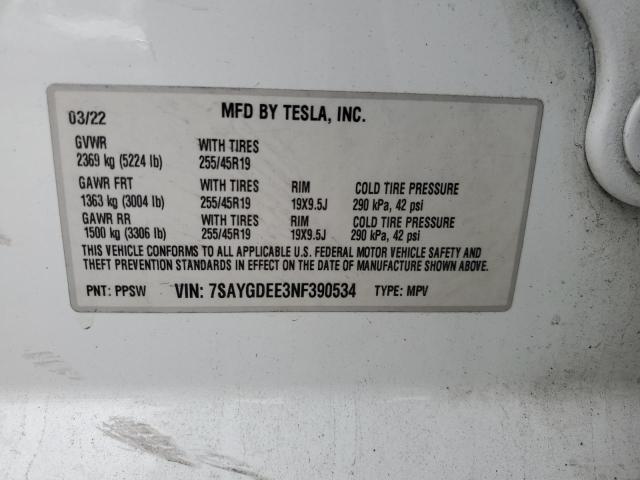 7SAYGDEE3NF390534 - 2022 TESLA MODEL Y 白色 照片 13