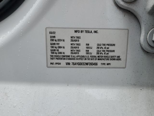 7SAYGDEE2NF393456 - 2022 TESLA MODEL Y Սպիտակ լուսանկար 14