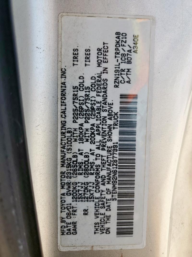 5TENM92N61Z877391 - 2001 TOYOTA TACOMA PRERUNNER SILVER photo 13