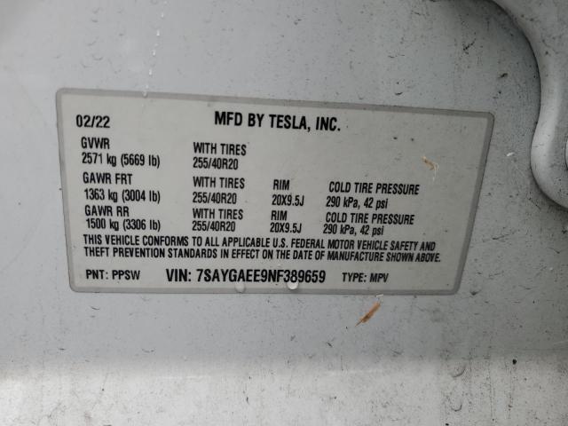 7SAYGAEE9NF389659 - 2022 TESLA MODEL Y WHITE photo 14