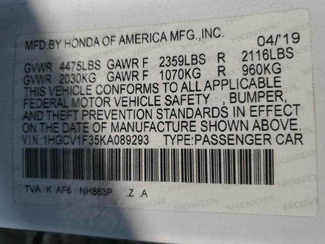 1HGCV1F35KA089293 - 2019 HONDA ACCORD SPORT 白色 照片 12