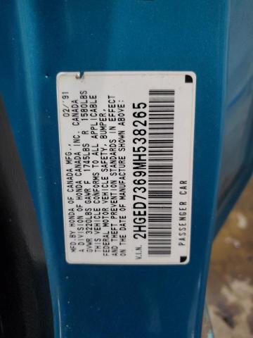 2HGED7369MH538265 - 1991 HONDA CIVIC SI BLUE photo 12