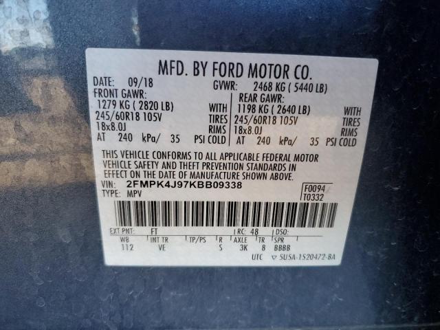 2FMPK4J97KBB09338 - 2019 FORD EDGE SEL BLUE photo 13