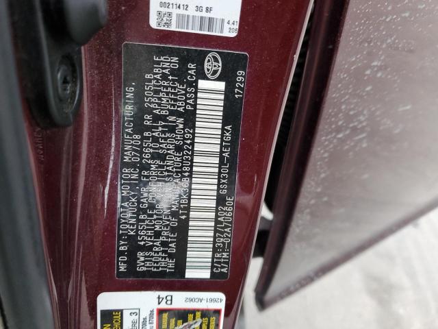 4T1BK36B48U322492 - 2008 TOYOTA AVALON XL BURGUNDY photo 12