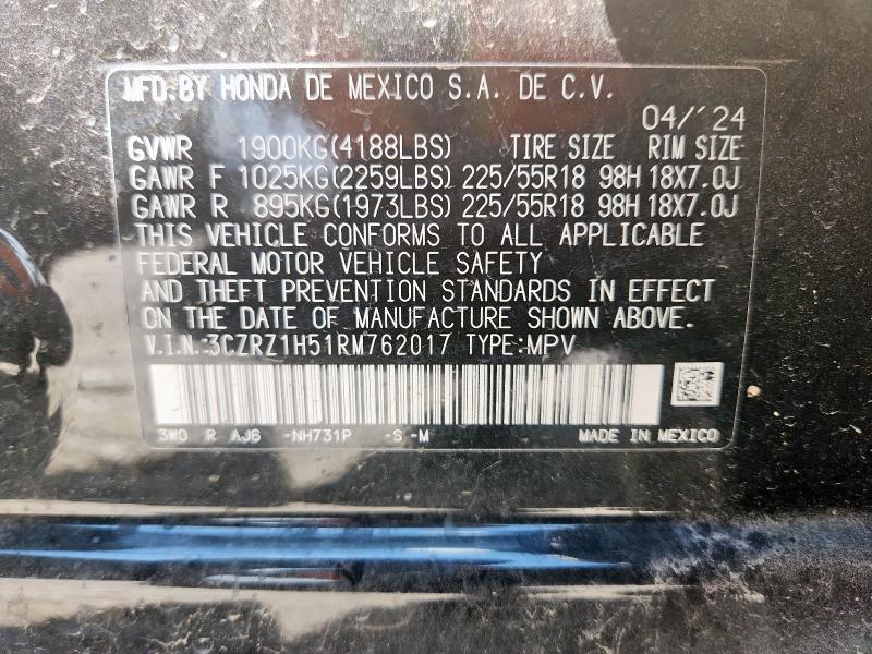 3CZRZ1H51RM762017 - 2024 HONDA HR-V SPORT შავი ფოტო 13