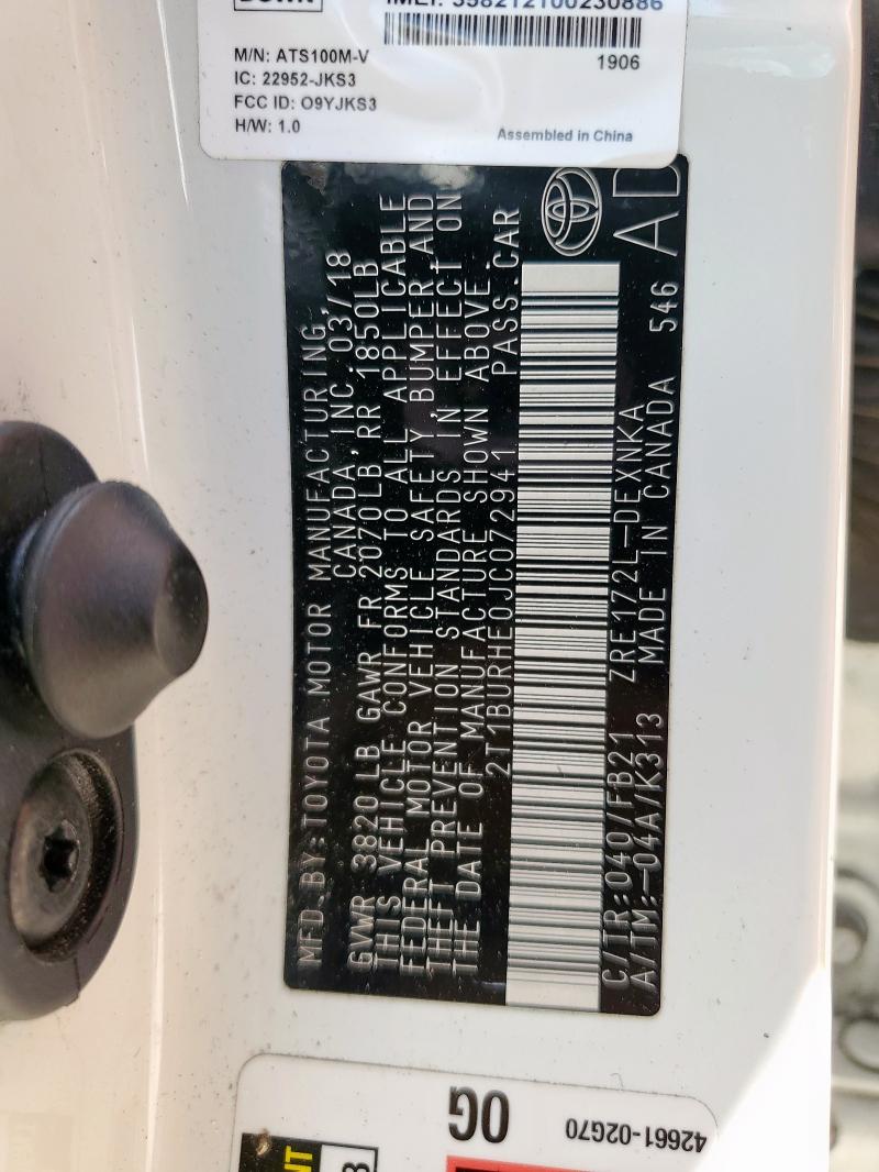 2T1BURHE0JC072941 - 2018 TOYOTA COROLLA L WHITE photo 12