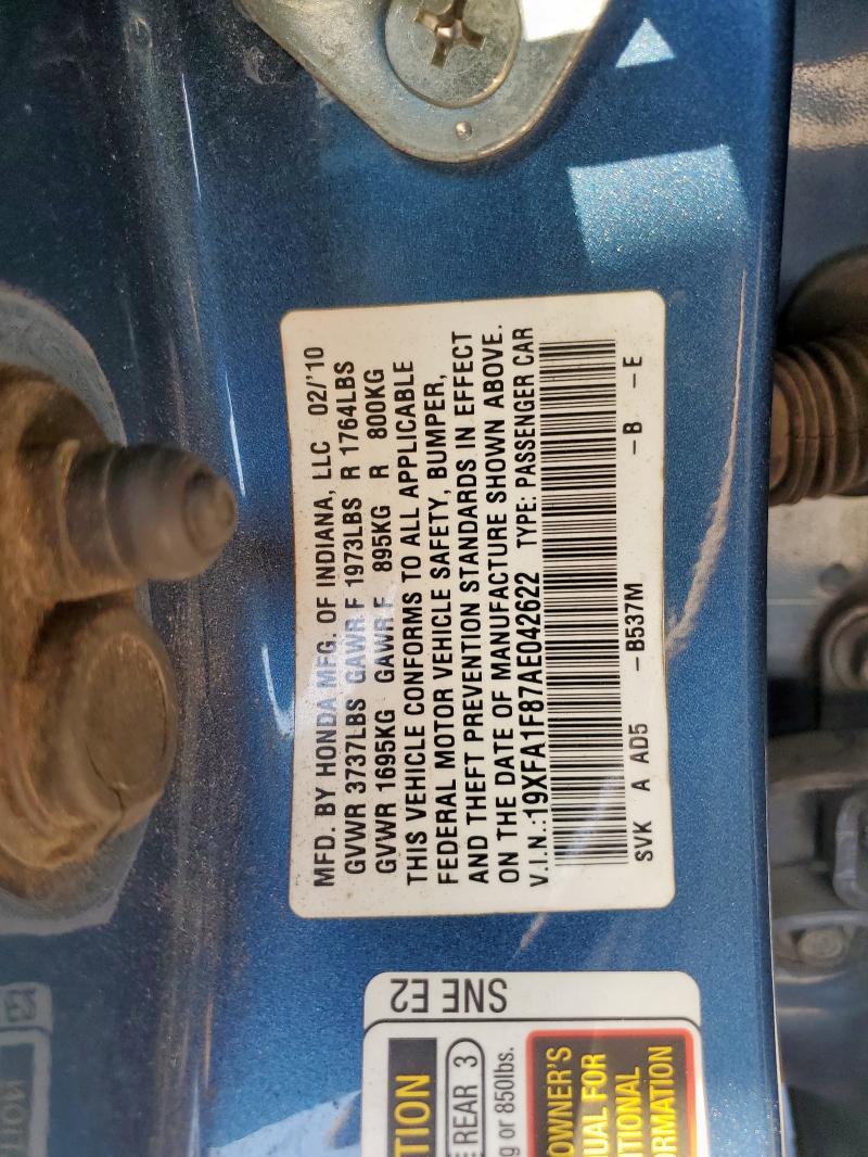 19XFA1F87AE042622 - 2010 HONDA CIVIC EX BLUE photo 13