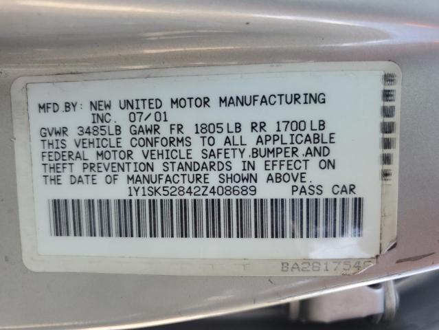 1Y1SK52842Z408689 - 2002 CHEVROLET GEO PRIZM BASE SILVER photo 12