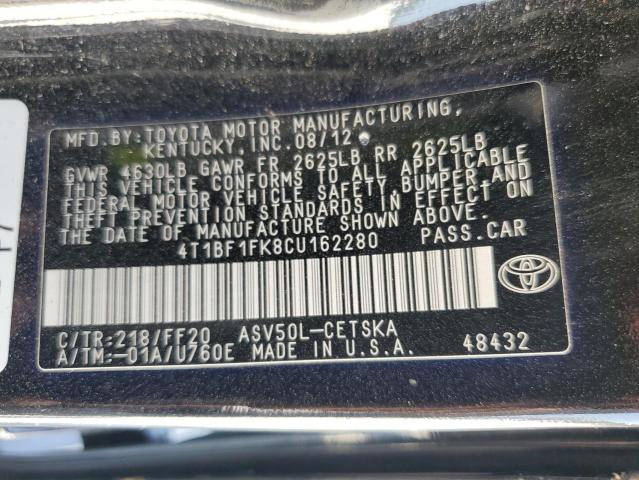 4T1BF1FK8CU162280 - 2012 TOYOTA CAMRY BASE BLACK photo 13