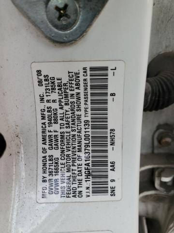 1HGFA16379L001139 - 2009 HONDA CIVIC VP WHITE photo 13