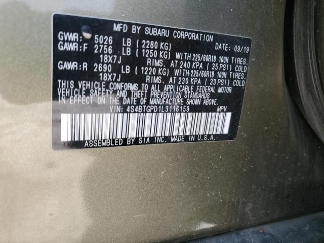 4S4BTGPD1L3116159 - 2020 SUBARU OUTBACK TOURING LDL GREEN photo 13