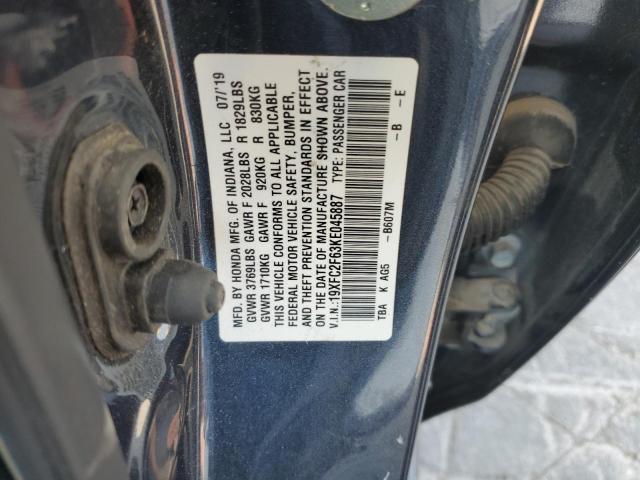 19XFC2F63KE045887 - 2019 HONDA CIVIC LX 蓝色 照片 12