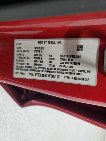 5YJ3E1EB3NF305192 - 2022 TESLA MODEL 3 红色 照片 12