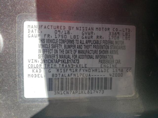 3N1CN7AP1KL817473 - 2019 NISSAN VERSA S GRAY photo 12