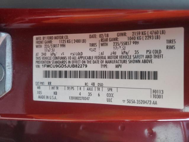 1FMCU9GD5JUB82279 - 2018 FORD ESCAPE SE Қызыл фото 13